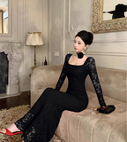 Vintage Fashion Black Square Collar Design Black A-Line Mermaid Long-sleeved Dress HZ1024