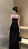 Vintage Split Design Black A-Line Women Spaghetti Strap Dress HZ1024