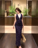 Simple Floral Design Navy Blue A-Line Women Beach Holiday Halter Dress HZ1024