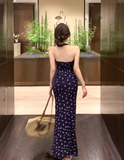 Simple Floral Design Navy Blue A-Line Women Beach Holiday Halter Dress HZ1024