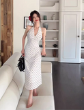Simple V-neck Polka Dot Design A-Line Casual Long Halter Dress HZ1024