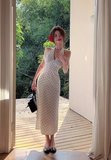 Simple V-neck Polka Dot Design A-Line Casual Long Halter Dress HZ1024