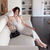 Simple V-neck Polka Dot Design A-Line Casual Long Halter Dress HZ1024