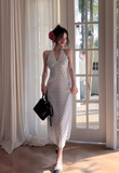 Simple V-neck Polka Dot Design A-Line Casual Long Halter Dress HZ1024