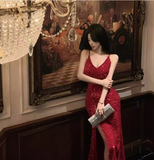 Vintage Sequins Design Wine Red A-Line Long Spaghetti Strap Dress HZ1024