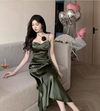 Simple Floral Design Elegant Green A-Line Slim Long Spaghetti Strap Dress HZ1024
