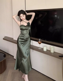 Simple Floral Design Elegant Green A-Line Slim Long Spaghetti Strap Dress HZ1024