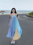 Simple Multi-color Splicing Design A-Line Casual V-neck Spaghetti Strap Dress HZ1024