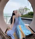 Simple Multi-color Splicing Design A-Line Casual V-neck Spaghetti Strap Dress HZ1024