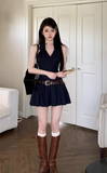 Simple Navy Blue Striped Design V-neck A-line Halter Dress HZ1024