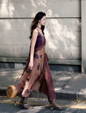 Vintage Irregular Ruffled Hem Fashion Splicing Design A-line Long Spaghetti Strap Dress HZ1024