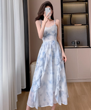 Vintage Blue Floral Design Beach Holiday A-line Long Spaghetti Strap Dress HZ1024