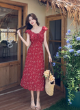Simple Fashion Red Floral Design A-line Long High-waisted Dress HZ1024