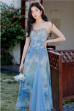 Vintage Fashion Blue Floral Print Design A-line Long High-waisted V-neck Spaghetti Strap Dress HZ1024