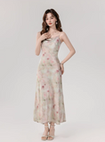 Vintage Fashion Floral Print Design A-line Long Spaghetti Strap Dress HZ1024