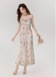 Vintage Fashion Floral Print Design A-line Long Spaghetti Strap Dress HZ1024