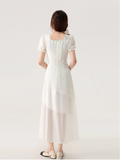 New Fashion Apricot Irregular Fringed Dress Hem Design A-line Square Collar Short-sleeved Dress HZ1024