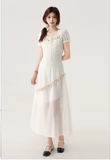 New Fashion Apricot Irregular Fringed Dress Hem Design A-line Square Collar Short-sleeved Dress HZ1024