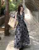 Vintage Fashion Black Floral Print Design Beach Holiday A-line Halter Dress HZ1024