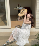 Simple Fashion White V-neck Design Lace A-line Spaghetti Strap Tiered Dress HZ1024