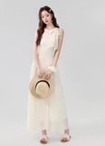Vintage Fashion Apricot Mesh Ribbon Lace Design A-line Beach Holiday Halter Dress HZ1024