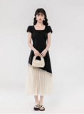 Vintage Fashion Black Irregular Design Elegant A-line Square Collar Short- sleeved Dress HZ1024