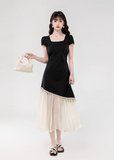 Vintage Fashion Black Irregular Design Elegant A-line Square Collar Short- sleeved Dress HZ1024