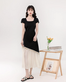 Vintage Fashion Black Irregular Design Elegant A-line Square Collar Short- sleeved Dress HZ1024