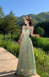 Vintage Fashion Green Irregular Ruffled Hem Design Elegant A-line Spaghetti Strap Dress HZ1024