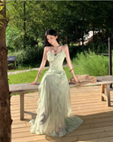 Vintage Fashion Green Irregular Ruffled Hem Design Elegant A-line Spaghetti Strap Dress HZ1024