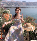 Vintage Fashion Floral Design Elegant Beach Holiday A-line Spaghetti Strap Dress HZ1024