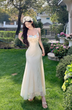 Vintage Fashion Floral Mesh Design Elegant Beach Holiday Mermaid A-line Spaghetti Strap Dress HZ1024