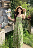 Fashion Green Floral Design Elegant A-line Spaghetti Strap Dress HZ1024