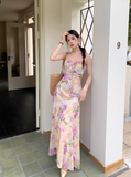 Retro Fashion Purple Flora Design Beach Holiday A-line Spaghetti Strap Dress HZ1024