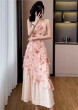 Simple Fashion Pink Floral Design A-line Spaghetti Strap Dress HZ1024