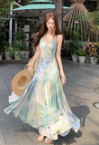 Simple Fashion Floral Design A-line Beach Holiday Spaghetti Strap Dress HZ1024