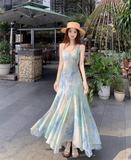 Simple Fashion Floral Design A-line Beach Holiday Spaghetti Strap Dress HZ1024