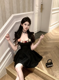 Simple Fashion Black 3D Flowers Design A-line Square Collar Sleeveless Dress HZ1024