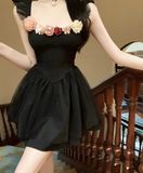 Simple Fashion Black 3D Flowers Design A-line Square Collar Sleeveless Dress HZ1024