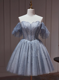 Charming Gray Off-the-shoulder Design Mesh Sleeveless Strapless Homecoming Dress HZ1024