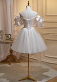 Vintage Beige 3D Flowers Beaded Design Elegant Mesh Off-the-shoulder Sleeves Homecoming Dress HZ1024