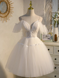 Vintage White Lace Design Elegant Mesh Off-the-shoulder Sleeves Spaghetti Strap Homecoming Dress HZ1024