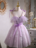 New Fashion Purple Waistline Design Elegant Mesh Spaghetti Strap Homecoming Dress HZ1024