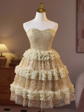 Vintage Sequined Design Elegant Mesh Sleeveless Strapless Tiered Homecoming Dress HZ1024