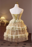 Vintage Sequined Design Elegant Mesh Sleeveless Strapless Tiered Homecoming Dress HZ1024
