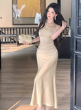 Simple Fashion Champagne Sequined Design Satin A-line Sleeveless Halter Dress HZ1024