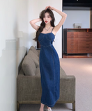 Simple Fashion Navy Blue Design A-line Spaghetti Strap Denim Dress HZ1024