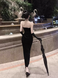 Simple Fashion Black Sleeveless Split Design Prom Dress Elegant A-line Strapless Dress HZ1024