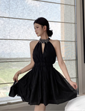 Simple Fashion Black Beading V-neck Design A-line Halter Homecoming Dress HZ1024