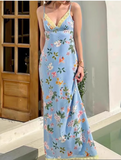 Vintage Blue Floral V-neck Spaghetti Strap Design A-line Party Dress HZ1024